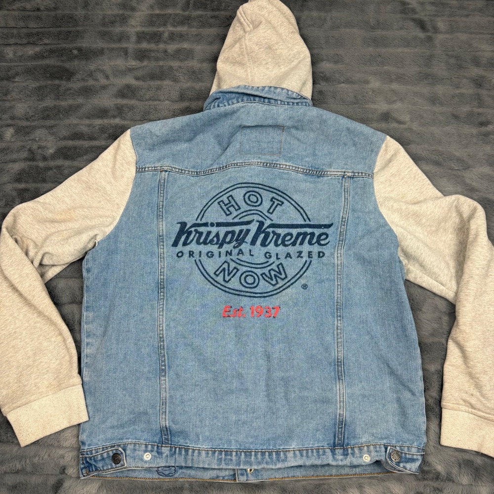 Krispy Kreme Doughnuts Mens 2XL Denim Hooded Jacket Light Wash Grey Sleeves Logo